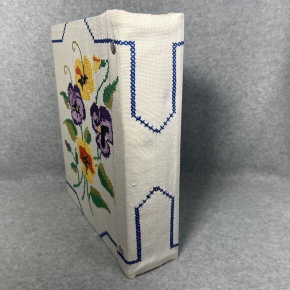 Handcrafted Greeting Card Keeper Binder Fabric Cross Stitch Pansies Organizer - Picture 4 of 16